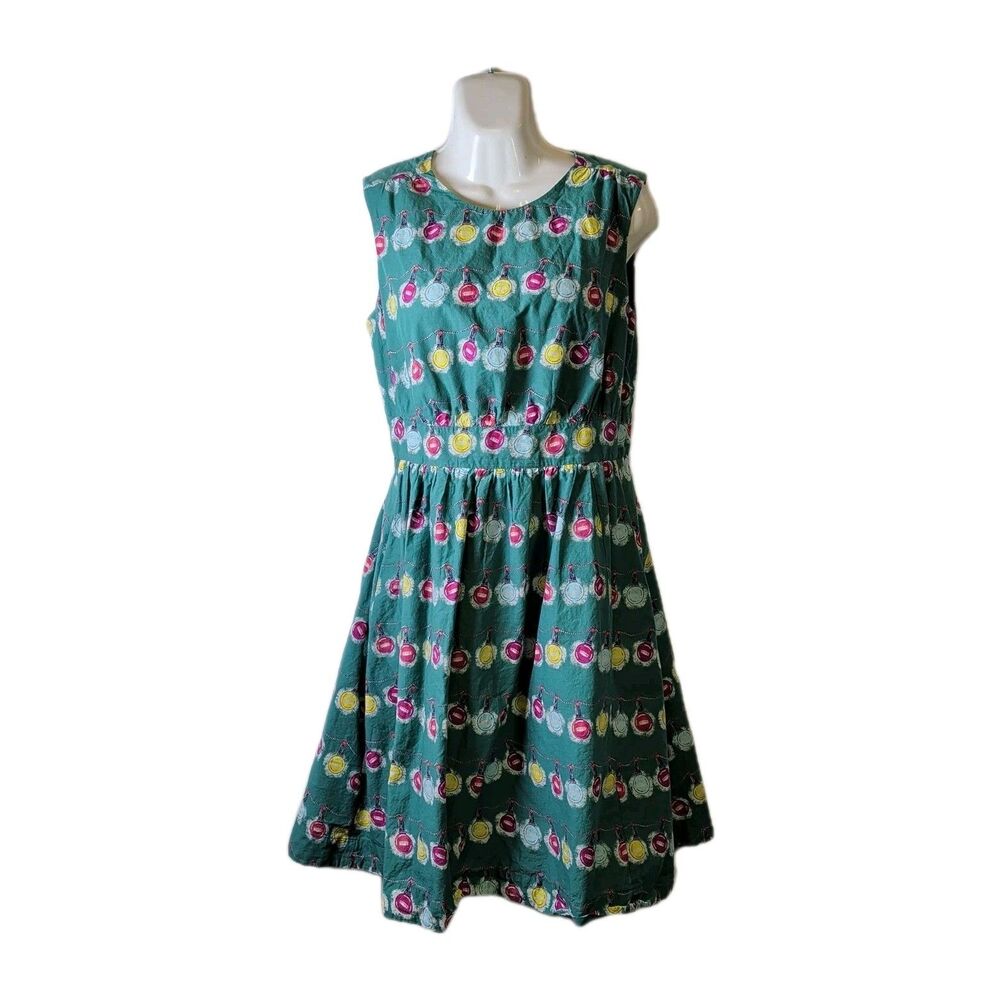 emily and fin Lined 100% Cotton Dress - Size M UK12 EU40 - Green Colored Lights
